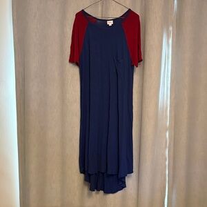 LuLaRoe Navy Carly Dress with Burgundy Raglan Sleeves